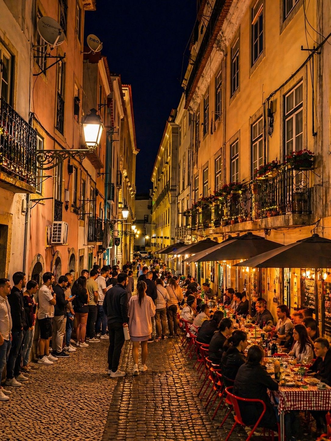 Esplanada e ambiente animado no Bairro Alto